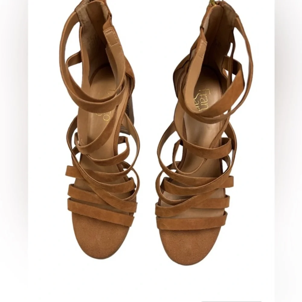 Franco Sarto Sandals‎ Womens 7.5 M Hachi Zip Ankle Strappy Brown Leather Heels - Picture 3 of 9